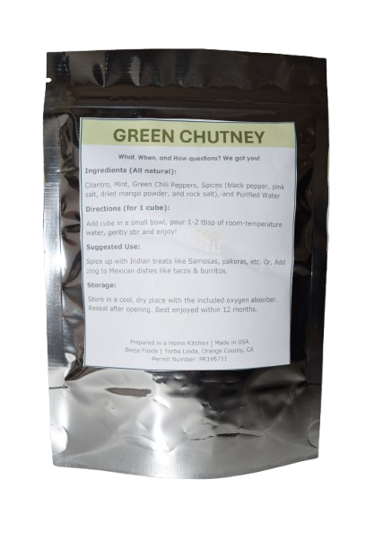 Green Chutney - Ingredients and suggested use. 