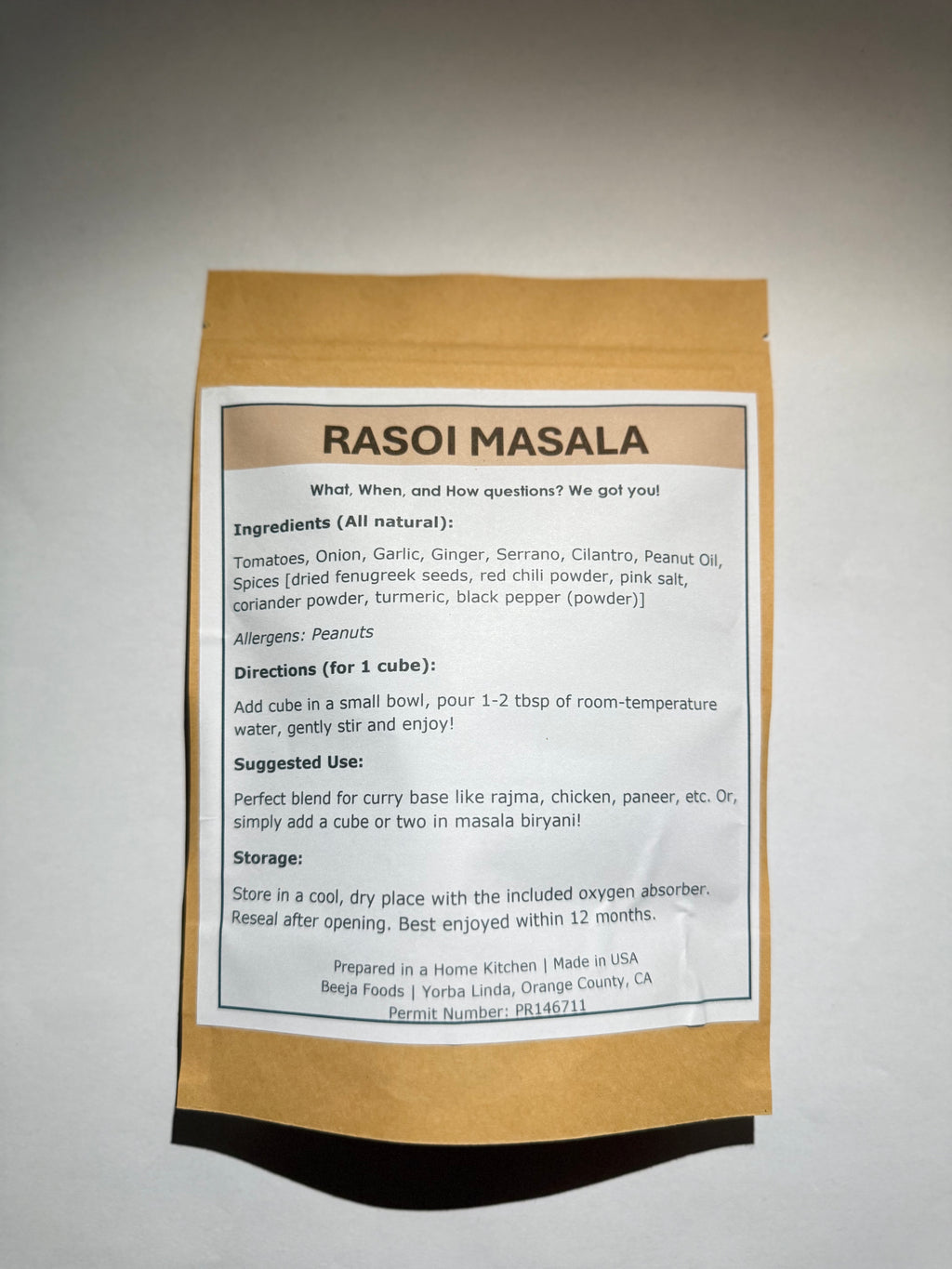 Rasoi Masala - Ingredients and suggested use. 