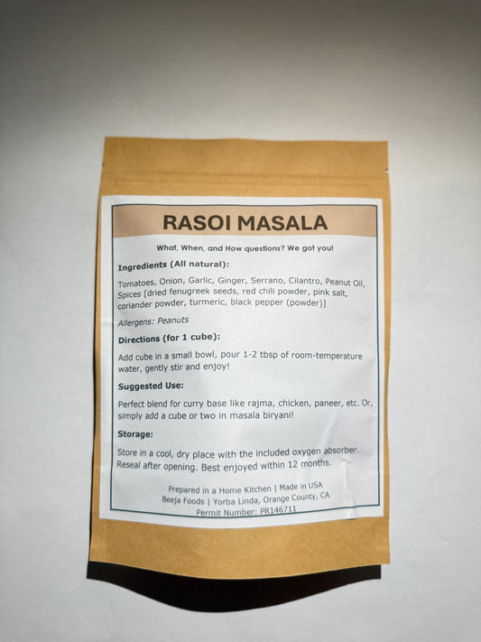 Rasoi Masala - Ingredients and suggested use. 